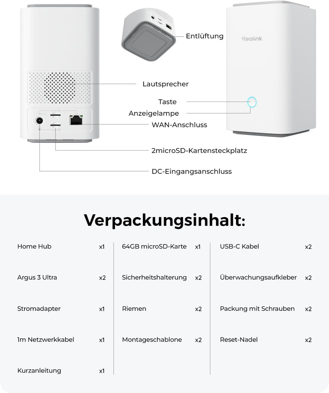 Reolink 4K Überwachungskamera Aussen Akku Set mit Home Hub, Farbnachtsicht, 2.4/5GHz WLAN, 5 Monate