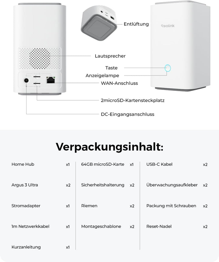 Reolink 4K Überwachungskamera Aussen Akku Set mit Home Hub, Farbnachtsicht, 2.4/5GHz WLAN, 5 Monate