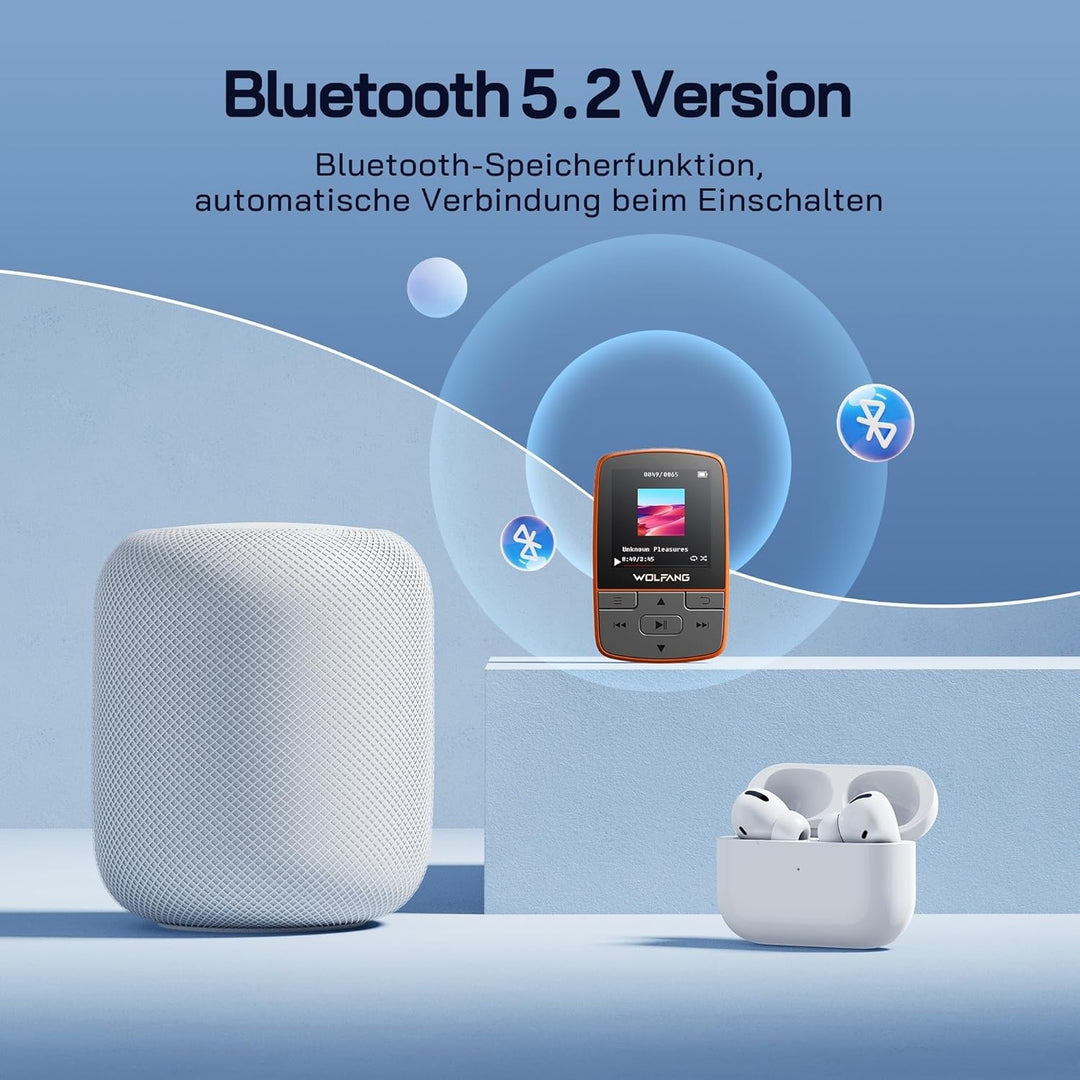WOLFANG 64 GB MP3-Player mit Bluetooth 5.2, Sportclip, Mini-Grösse, Gewicht 28,3 g, HiF-FM-Radio, Di