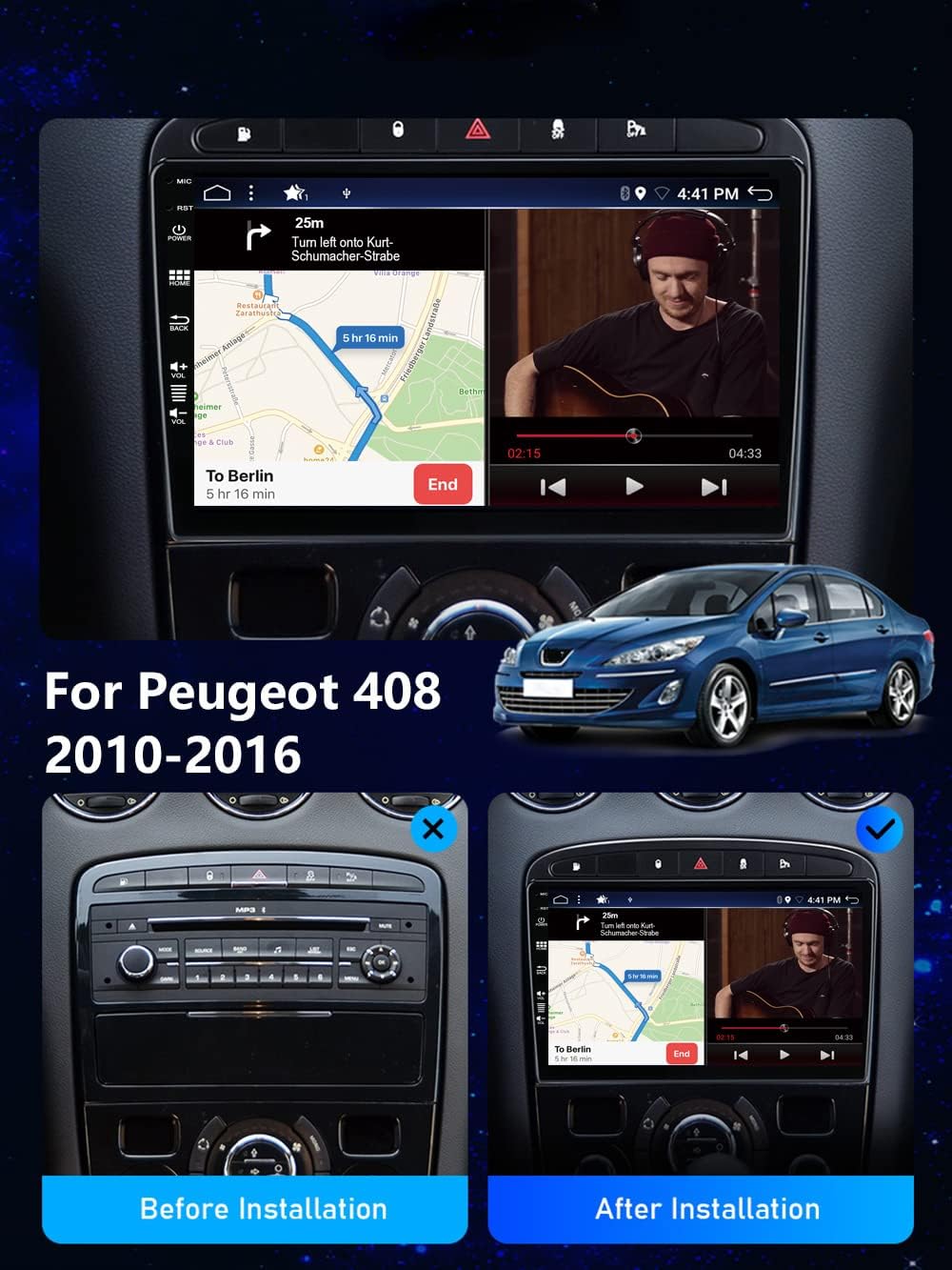 JOYX PX6 Android 10 Autoradio Passt für Peugeot 308/408 (2010-2016) - [4G+64G] - Kamera Canbus KOSTE
