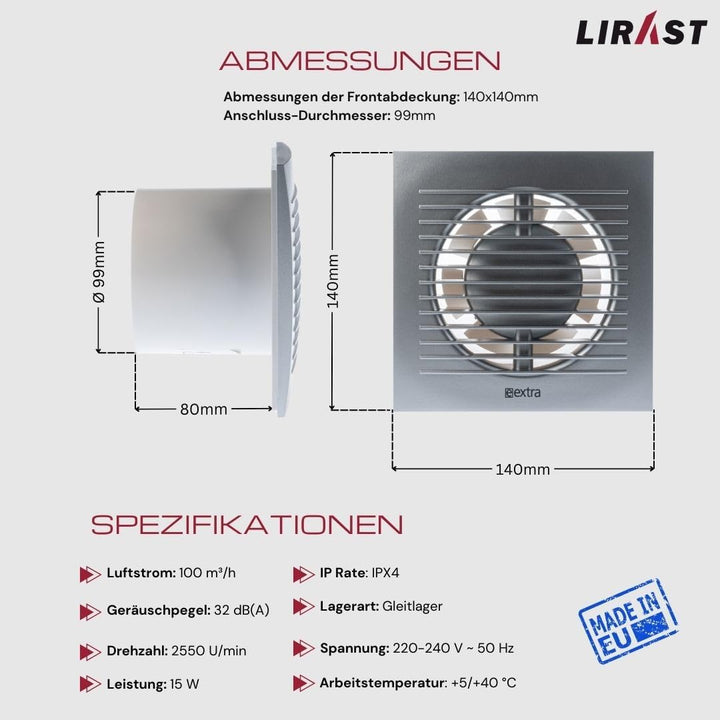 Ø 100mm Silber Badlüfter mit Timer - Lüfter für Effiziente Belüftung im Bad Kuche WC, Ø 100mm Silber