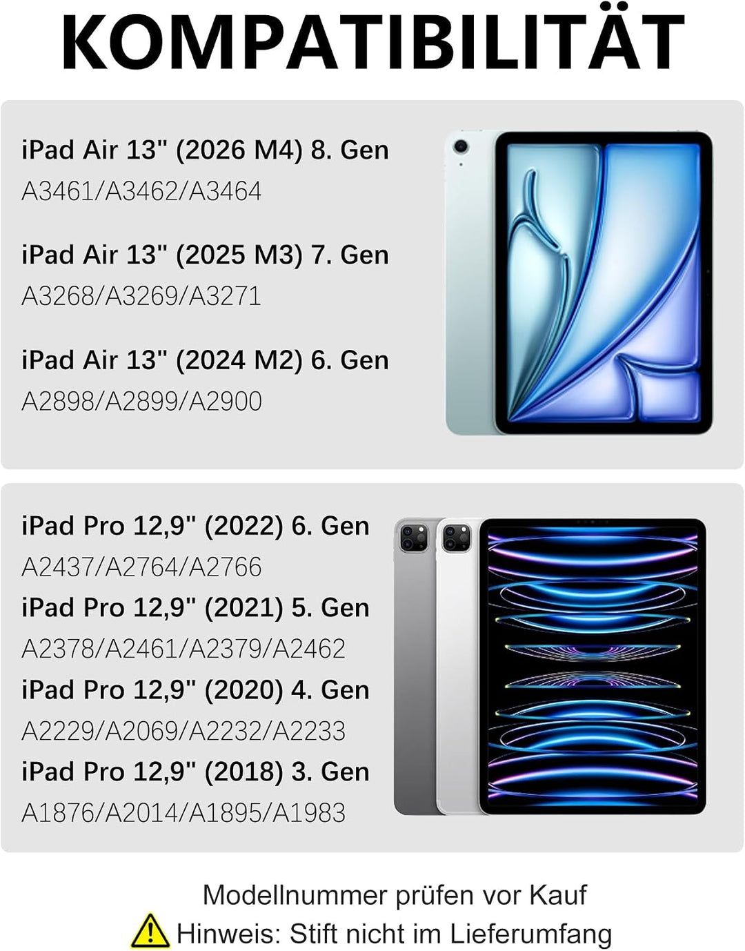 Hülle mit Tastatur für iPad Air 13" (2026 M4/2025 M3/2024 M2) & Pro 12.9" (2018-2022), Deutsches QWE