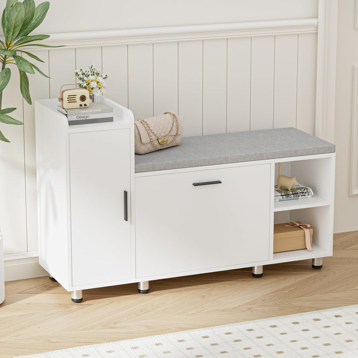 Schuhbank mit Sitzfläche, Klappfach mit Verstellbarer Trennwand, Höhenverstellbar, Schuhschrank mit