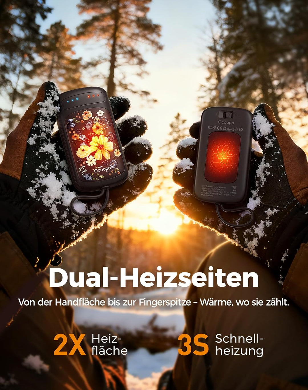 OCOOPA Handwärmer Elektrisch, Beidseitige Erwärmung, 2s Sofortwärme, 8 Std. Laufzeit, 67g leicht, Wi