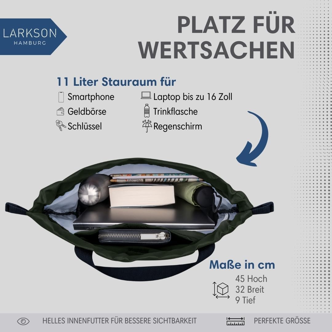LARKSON Turnbeutel Damen &amp; Herren Dunkelgrün - No 7 - Rucksack Damen für Sport und Festival - Beutel