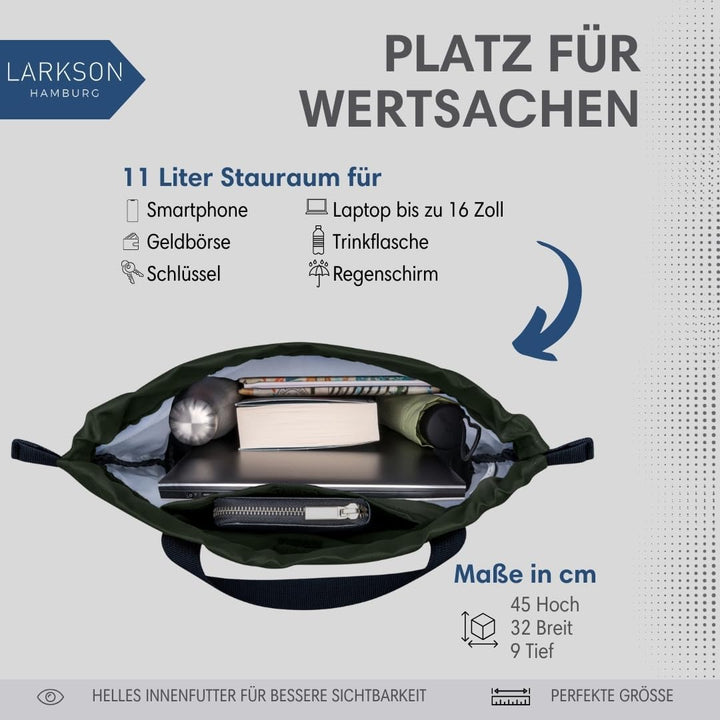 LARKSON Turnbeutel Damen &amp; Herren Dunkelgrün - No 7 - Rucksack Damen für Sport und Festival - Beutel