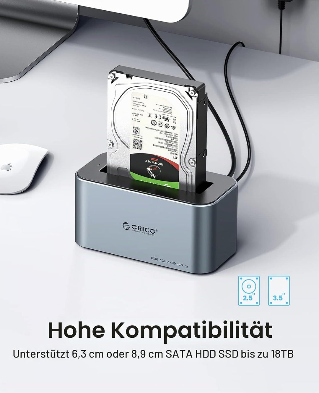ORICO Aluminium Festplatten Dockingstation, 6Gbps USB 3.2 Gen 2 SSD/HDD Docking Station für SATA 2,5