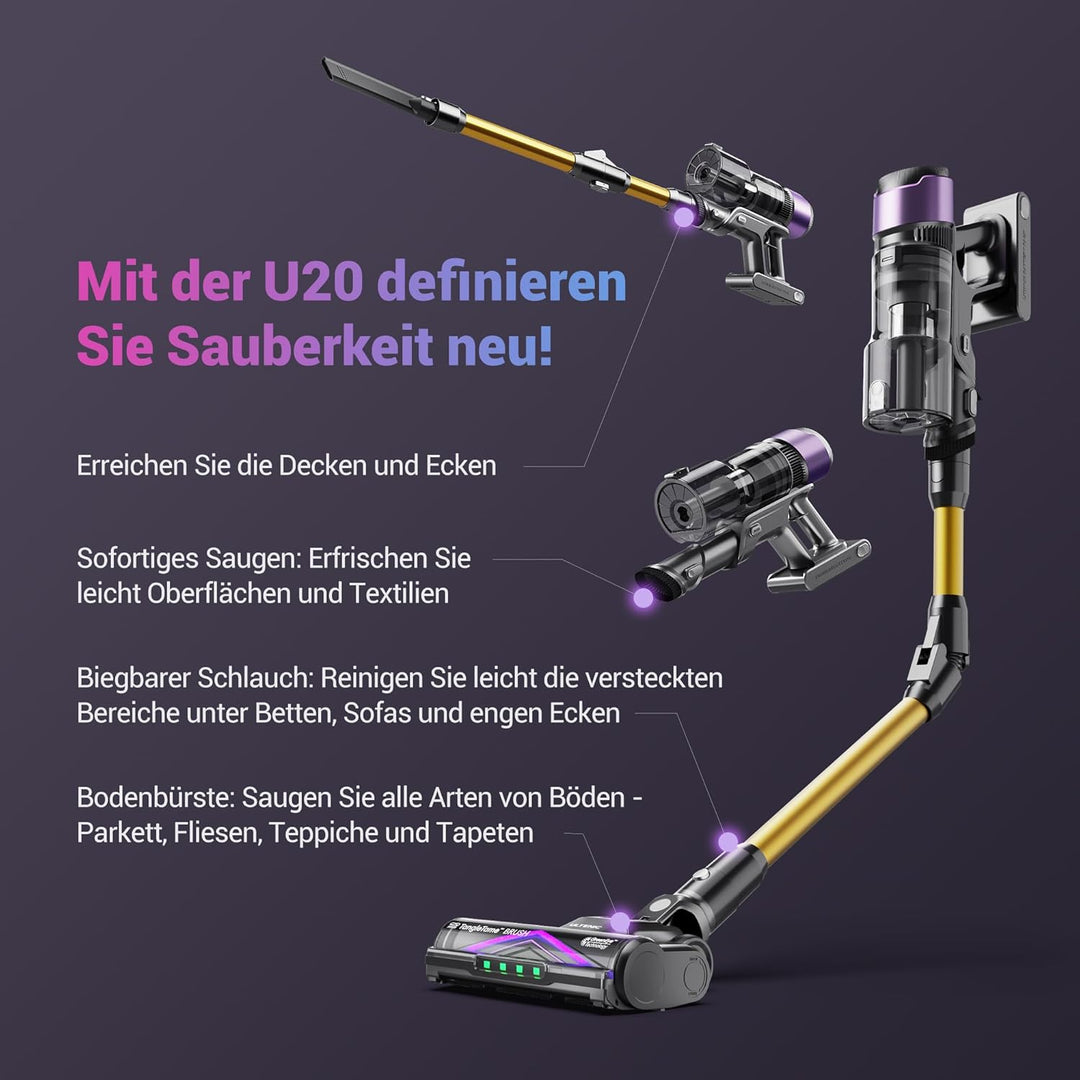 Ultenic Akku Staubsauger,55KPA/600W/60Mins Staubsauger Kabellos mit 180° klappbarem Rohr, 1,5L Gross