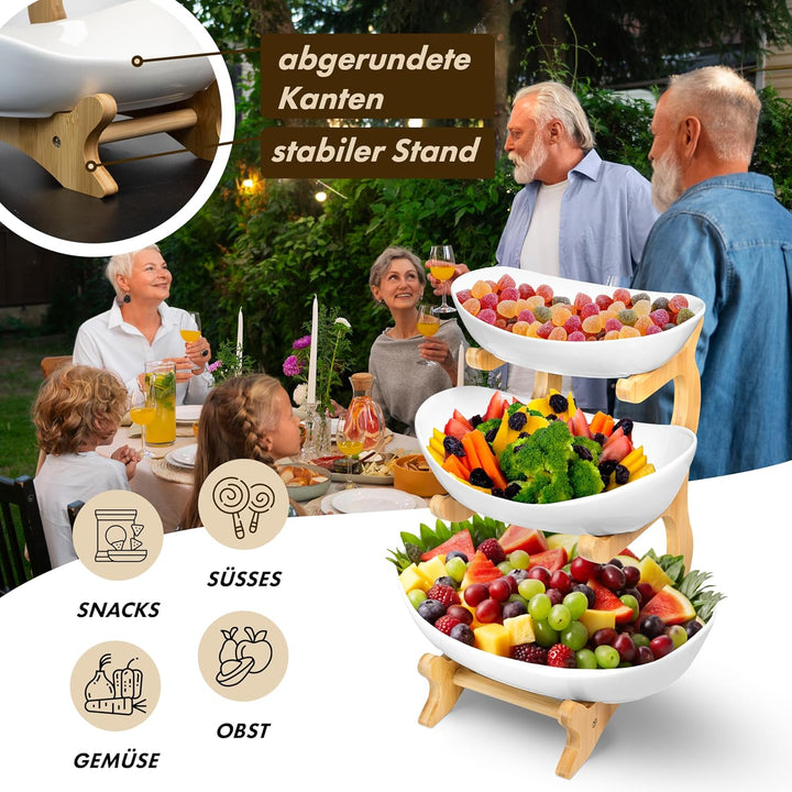 Obst Etagere 3 stöckig WEISS KERAMIK mit Bambusständer, Servierständer für Obst Snacks Gebäck, elega