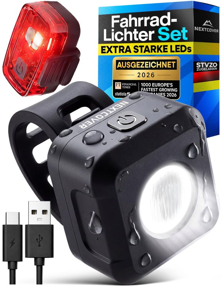NEXTCOVER® Fahrradlicht Set mit [VisionOne] I LED Set USB-C aufladbar & wasserdicht I StVZO zugelass
