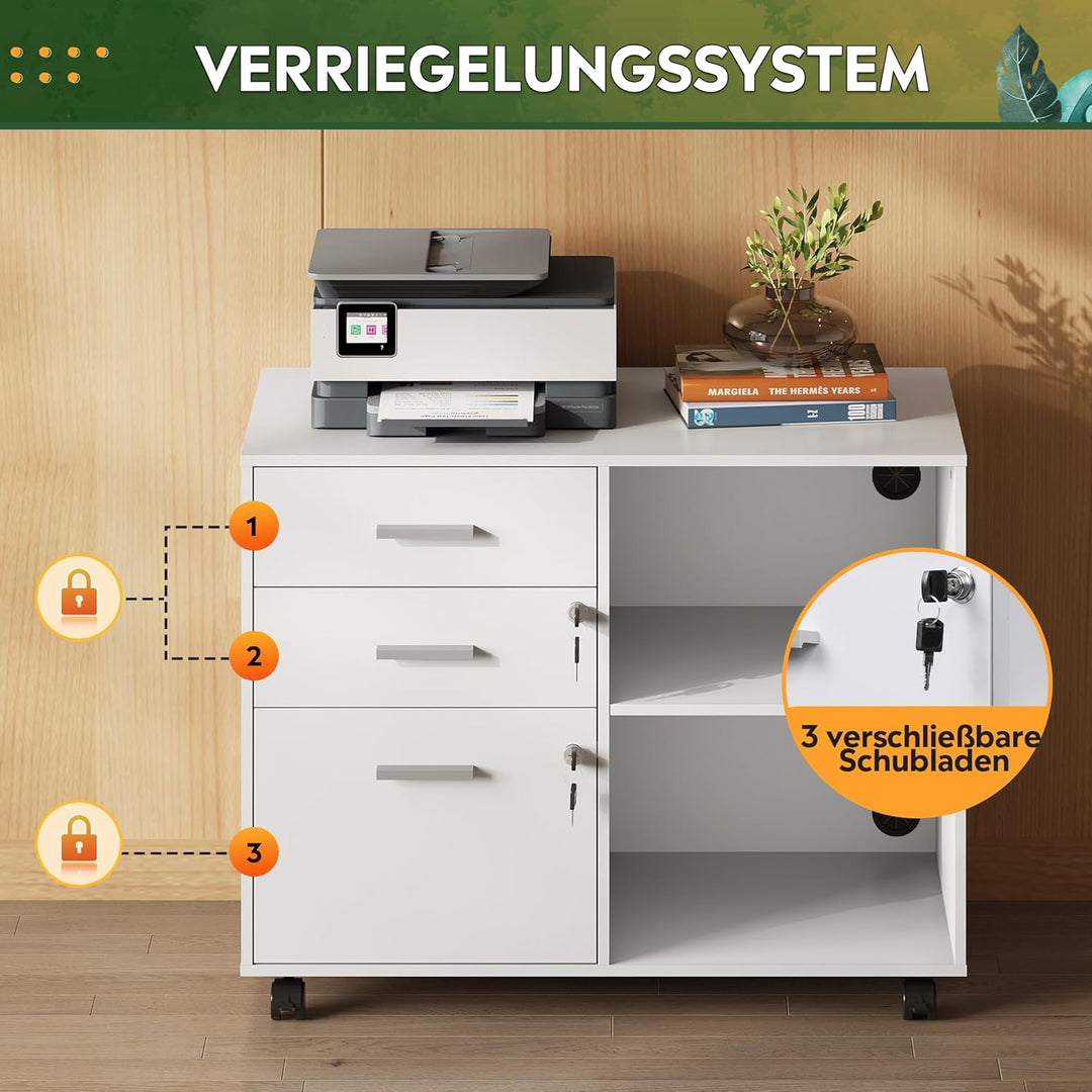 DEVAISE Rollcontainer mit 3 Schubladen und offenen Ablagen, Mobiler Aktenschrank mit Rollen, Drucker