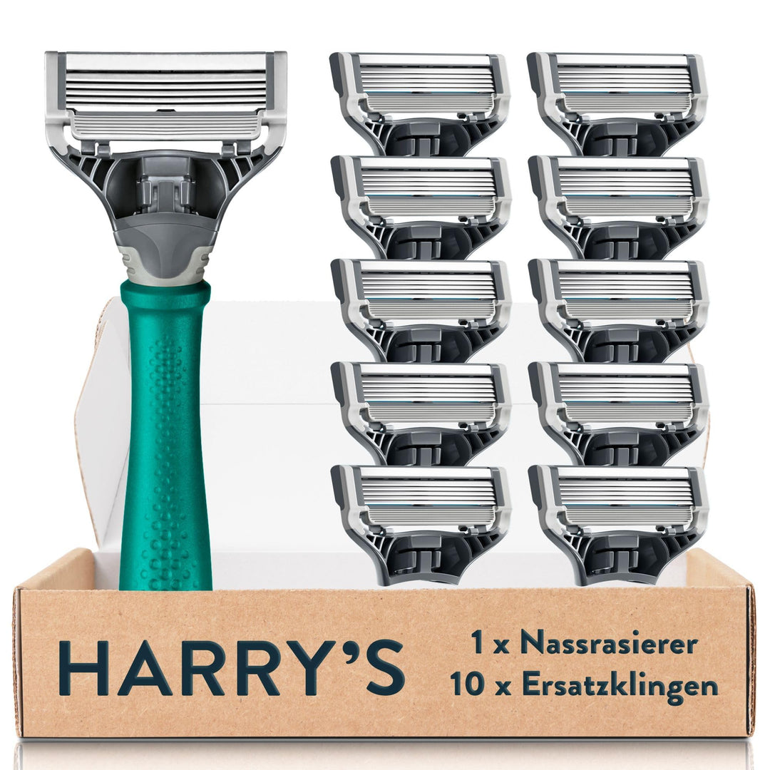 Harry’s Nassrasierer für Männer – Rasier-Set mit grünem Griff, 10 Ersatz-Rasierklingen Rasierer, Ras