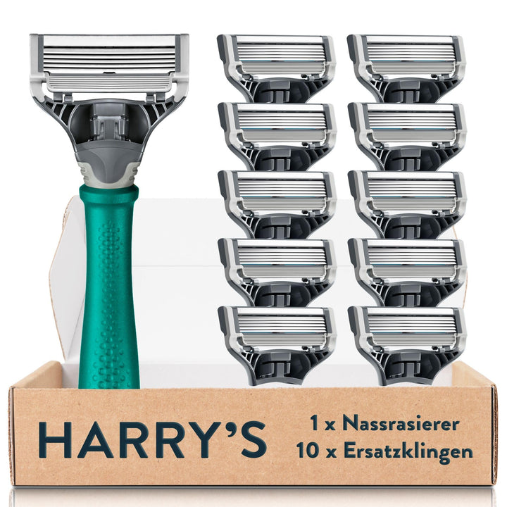 Harry’s Nassrasierer für Männer – Rasier-Set mit grünem Griff, 10 Ersatz-Rasierklingen Rasierer, Ras