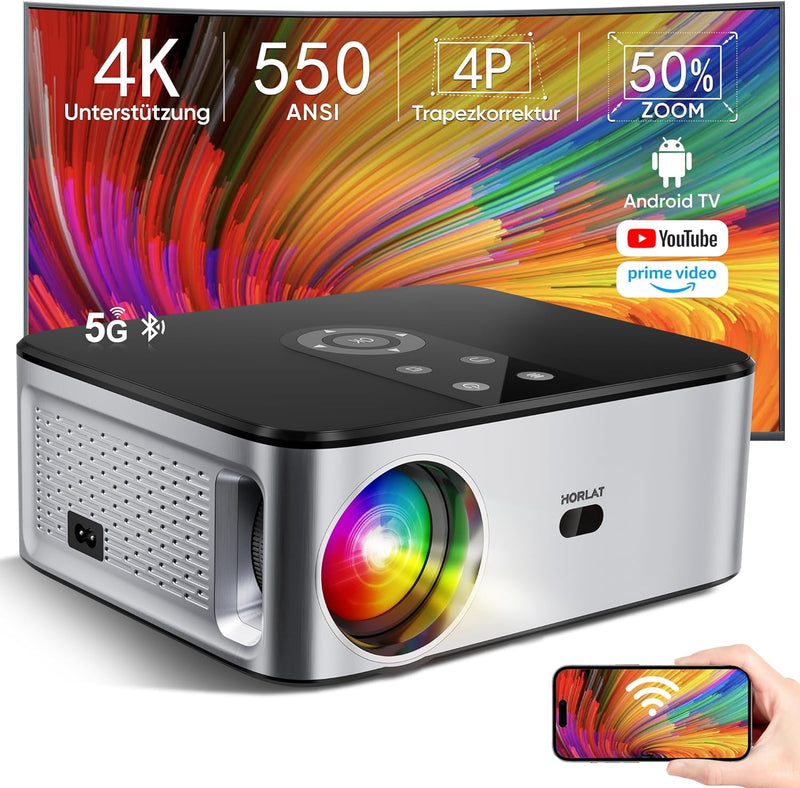 Beamer, HORLAT 5G WiFi Bluetooth Full HD Projektor, Native 1080P Heimkino Video Beamer 4K Unterstütz