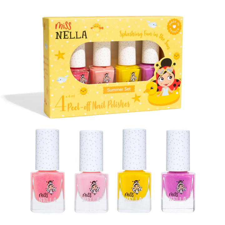 Miss Nella Summer Glitzer Nagellack 4er Set: Gelb, Koralle, Rosa und Lila, abziehbarer Nagellack spe