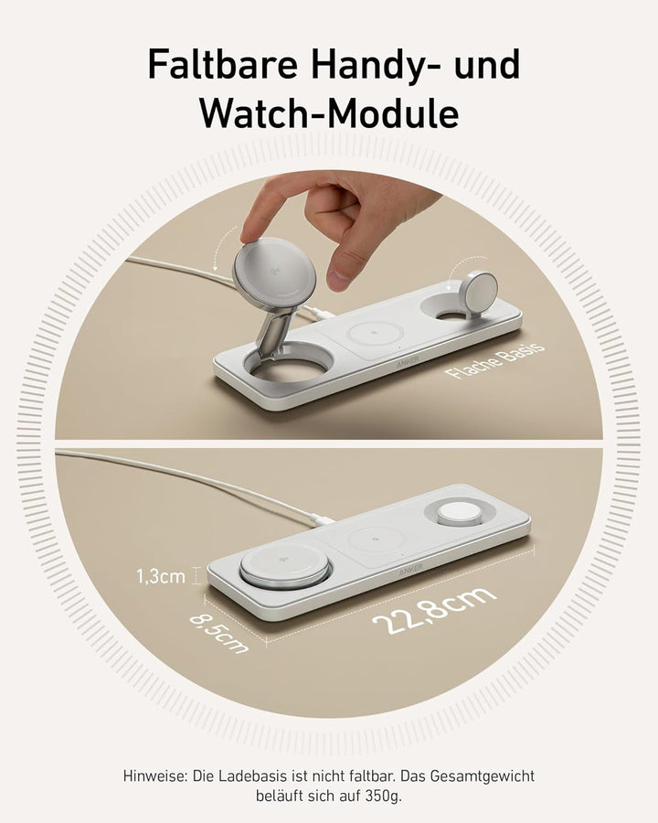 Anker MagGo Faltbare 3-in-1 Kabellose Ladestation, Qi2-zertifiziertes ultraschnelles 15W kabelloses