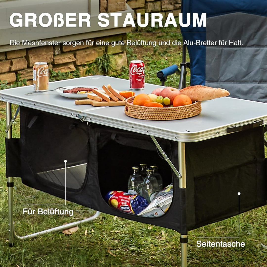 EVER ADVANCED Campingtisch Klappbar Alu Klapptisch Alu 120 x 60cm Höhenverstellbar mit Stauraum, 4-6