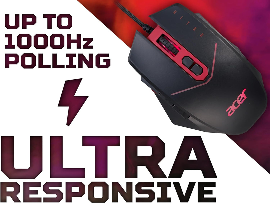 Acer Nitro Gaming Maus (4.200 DPI, anpassbar mit Vier Stufen und acht Tasten inkl. Burst Fire, LED B