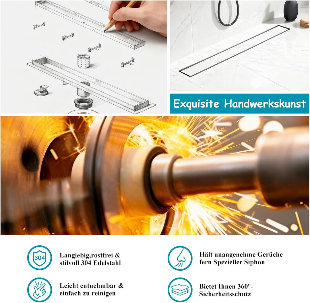 Duschrinne 80cm 304 Edelstahl Bodenablauf - 360° Siphon Befliesbar Duschablauf Extra Flach mit Geruc
