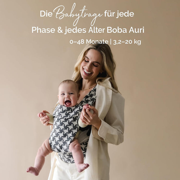 Boba Auri Babytrage Neugeboren bis Kleinkind - Jacquard mit Hahnentrittmuster, 3 ergonomische Tragep