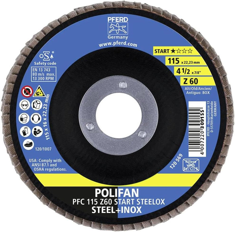 PFERD POLIFAN Fächerscheibe, 10 Stück | PFC 115x22,23mm konisch Z60 Start-Linie START STEELOX | 6930