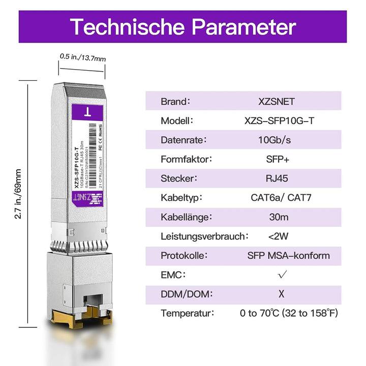 1,25/2,5/5/10GBASE-T SFP+ auf RJ45 Transceiver, 10Gb Kupfer SFP+ Mini GBIC Modul für Cisco SFP-10G-T