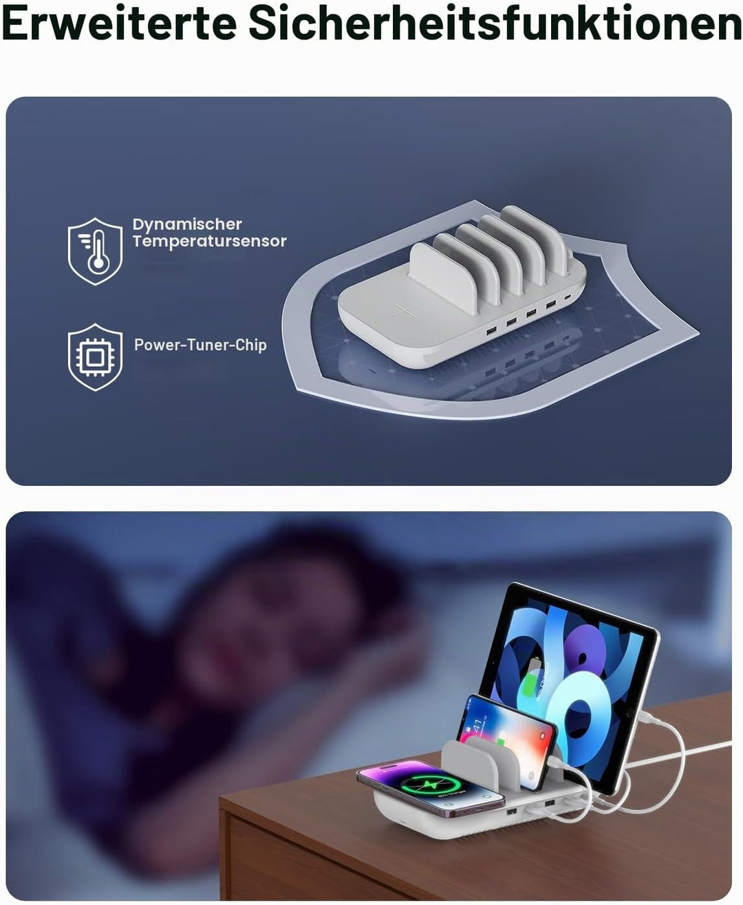SooPii 70W Ladestation für mehrere Geräte, 5 Port Ladestation mit 15W Wireless Charger, 25W USB C PD