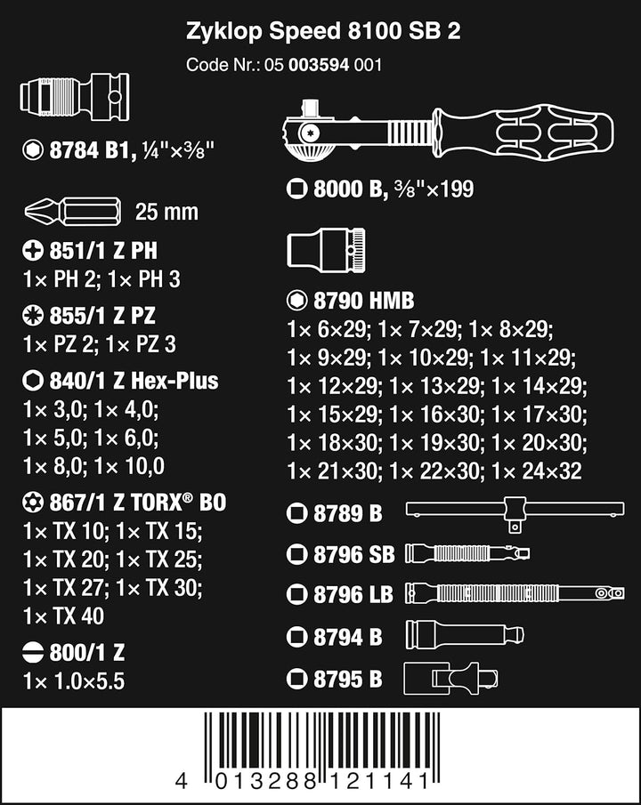 Wera Zyklop Speed-Knarrensatz 8100 SB 2, 3/8"-Antrieb, metrisch, 43-teilig, 05003594001 3/8 Zoll met