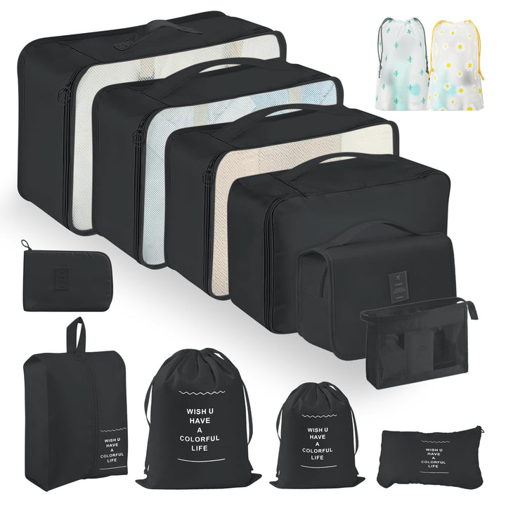 13 Stück Koffer Organizer Set, Schwarz Packing Cubes, Wasserdichte Kofferorganizer für Urlaub und Re