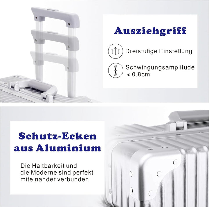 Aoliwei Aluminiumrahmen Koffer M (57cm) Handgepäck – Leichter 100% PC Hartschalen-Trolley in Metall-