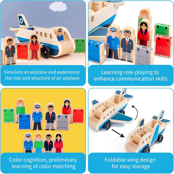 Passagierflugzeug-Set aus Holz, Spielzeugflugzeug mit 4 Spielfiguren und 4 Koffern für Kleinkinder,