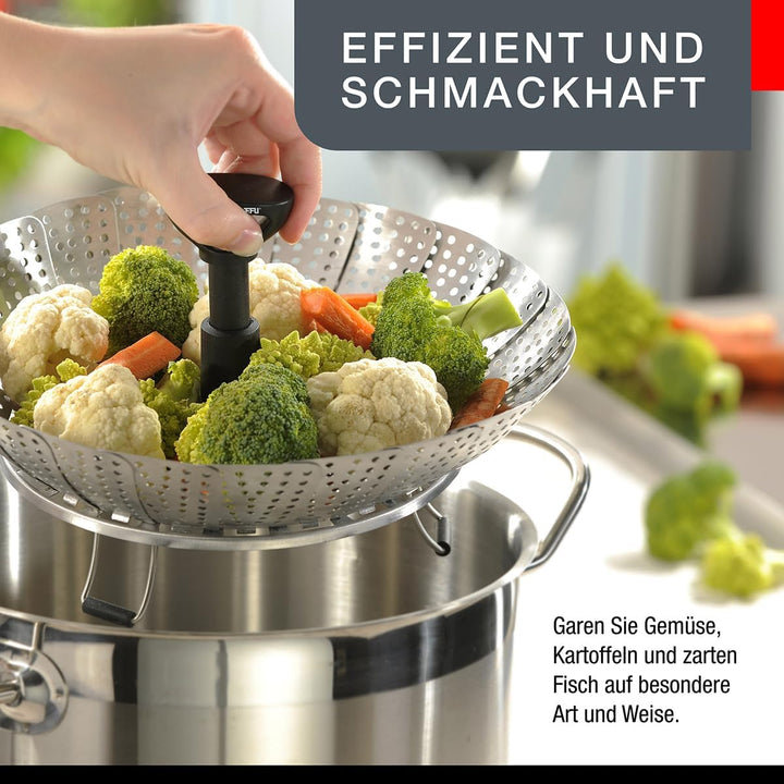 GEFU Dünsteinsatz VITALA | Faltbare Edelstahl-Dünstschale Ø 18–27 cm | Mit Teleskopgriff &amp; Silikonfü