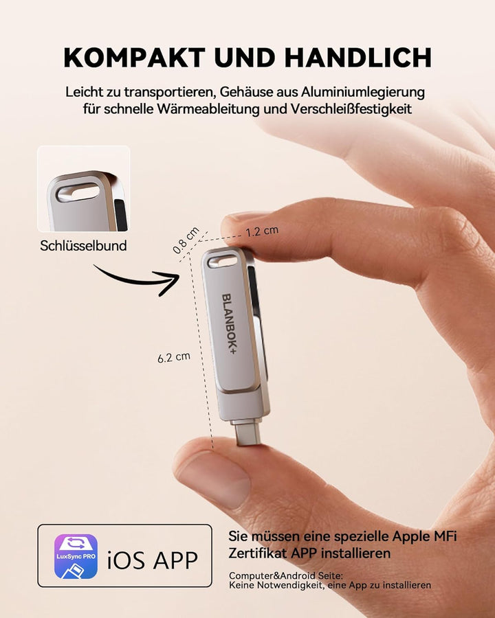MFi Zertifizierter 256GB USB C Stick für iPhone 15, 3 in 1 Memory Stick, Externer Speicher für Light