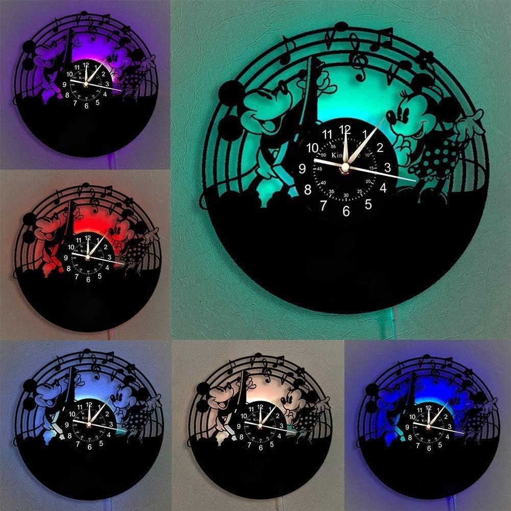 Smotly Vinyl-Wanduhr, Mickey Mouse Vintage Clock LED hängende Nachttischlampe 7 Farbe Wanduhr, Carto