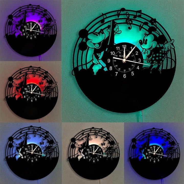Smotly Vinyl-Wanduhr, Mickey Mouse Vintage Clock LED hängende Nachttischlampe 7 Farbe Wanduhr, Carto