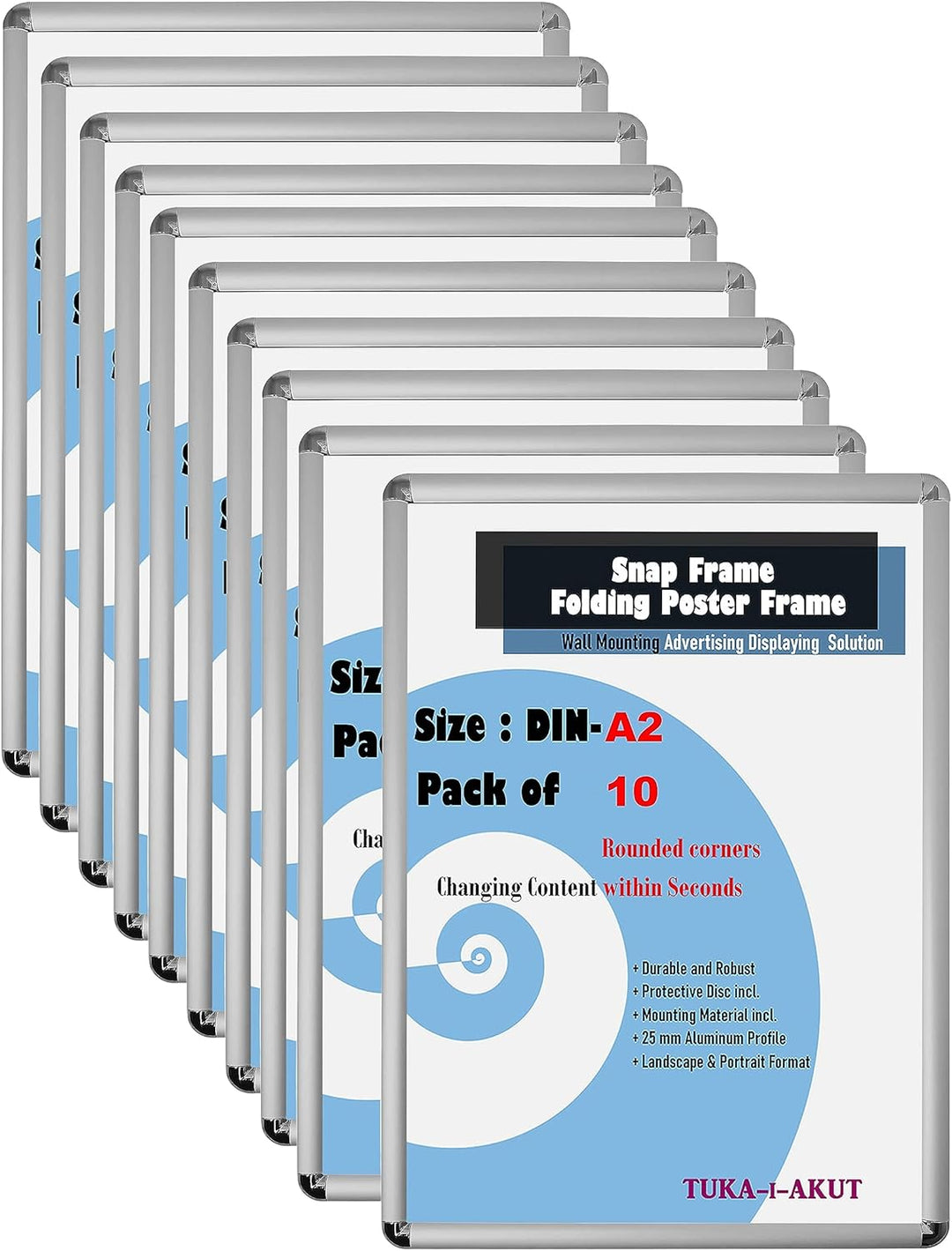 TUKA-i-AKUT 10er Aluminium Klapprahmen A2 | 25 mm Profil | Abgerundete Ecken | Schutzscheibe Befesti