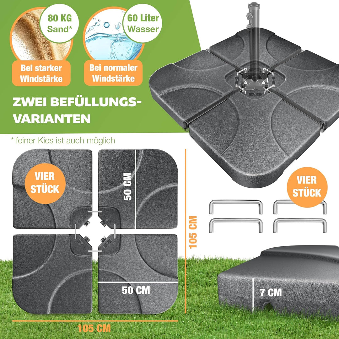 KESSER® Sonnenschirmständer 4-teilig Schirmgewicht Schirmständer für Ampelschirm Bodenkreuz 60 Liter