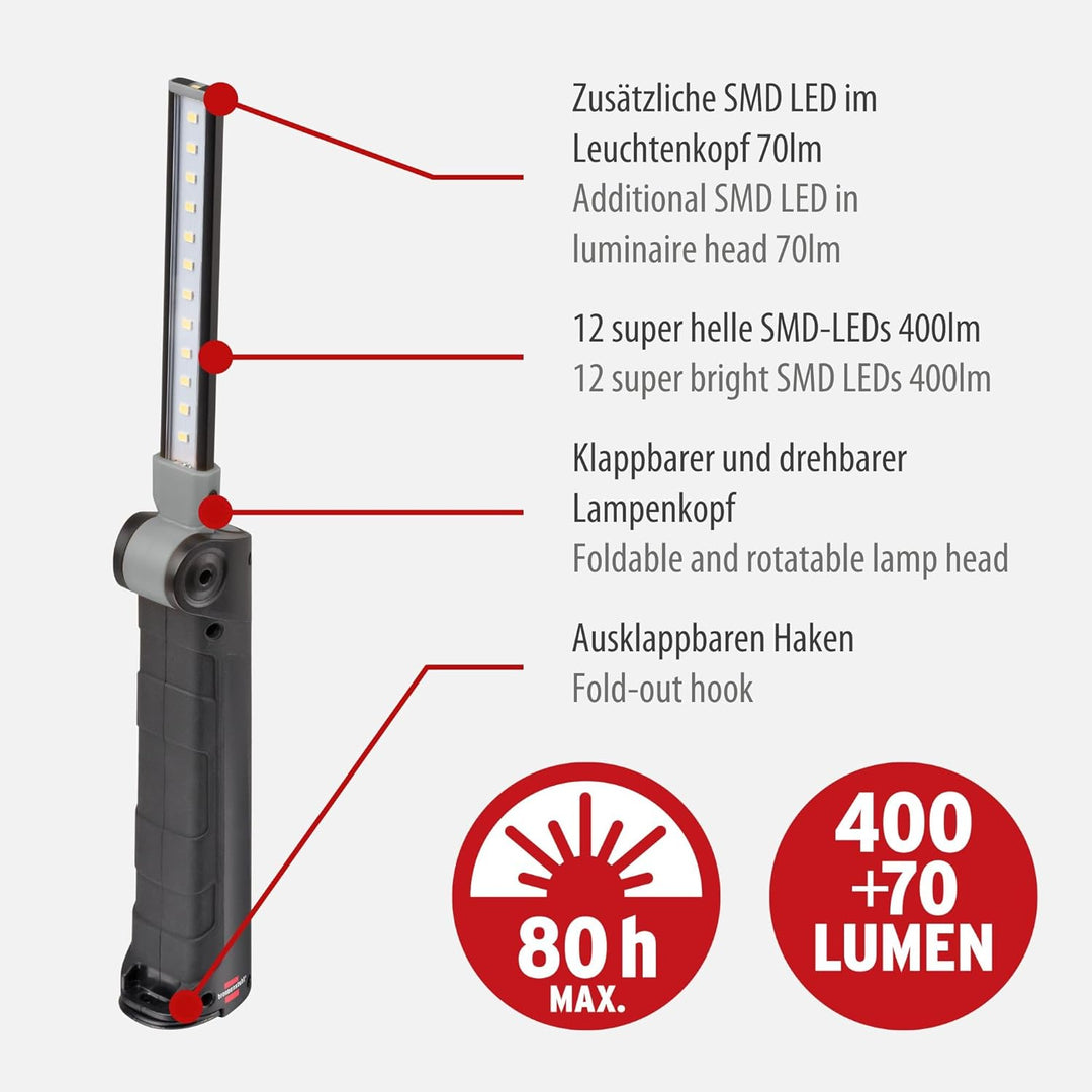Brennenstuhl Akku LED Arbeitsleuchte SANSA 401 A/LED Werkstattlampe mit Akku und Magnet (max. 80h Le