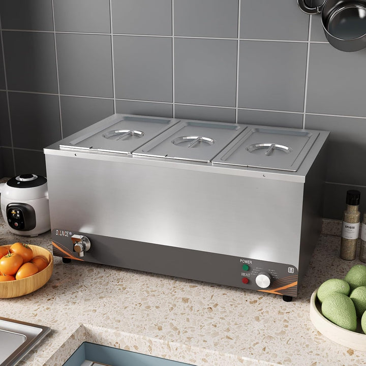 DULNICE Bain Marie Speisewärmer Elektrische Edelstahl 1500W 3 GN-Behältern Wasserbad mit Ablaufhahn,