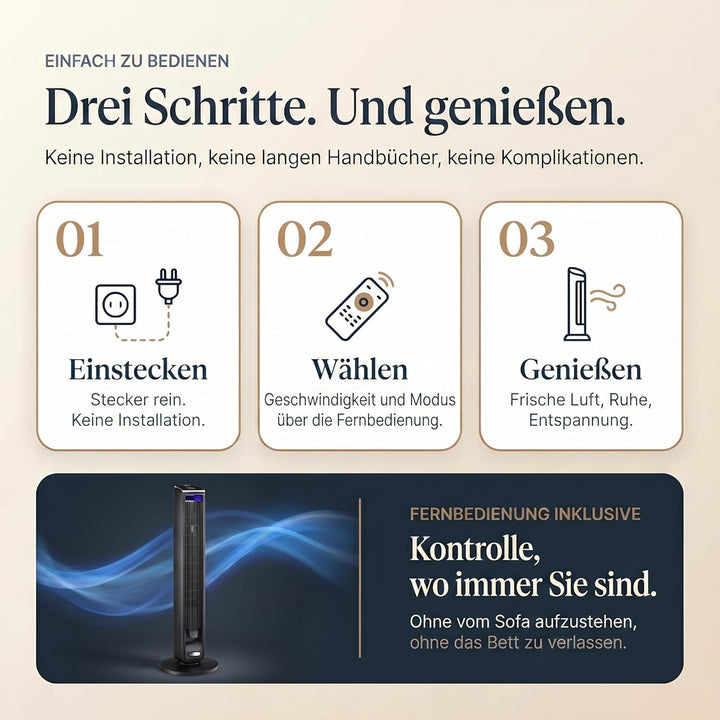 Turmventilator (107 cm), 19 dB, Windgeschwindigkeit bis zu 8.2 m/s, LED-Touchdisplay, Fernbedienung,