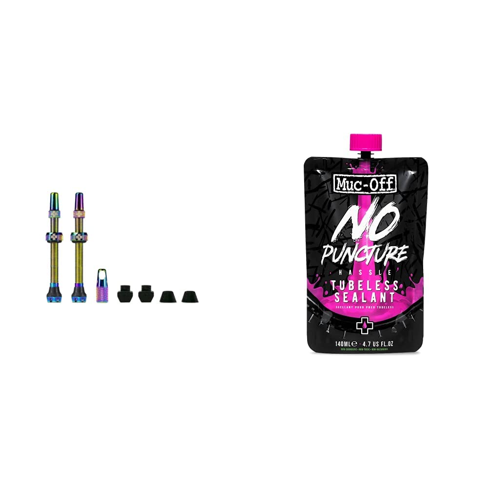 Muc-Off Unisex-Erwachsene Regenbogenfarbige, 44 mm Presta Tubeless Ventile, 44mm Bundle mit Reifendi