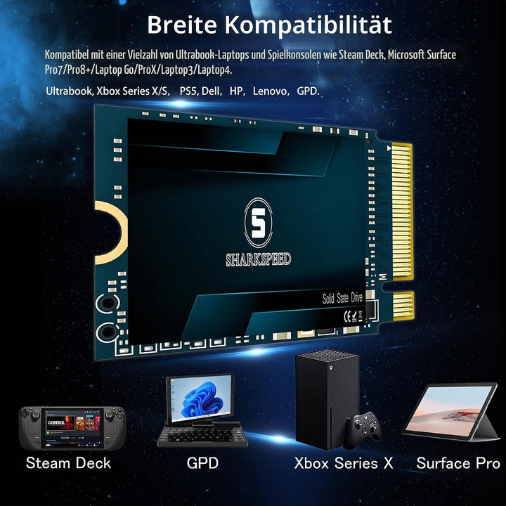 M.2 2230 SSD 1TB NVMe SHARKSPEED PCIe Gen 3.0 x4 30mm, SSD Festplatte Intern Solid State Drive für S