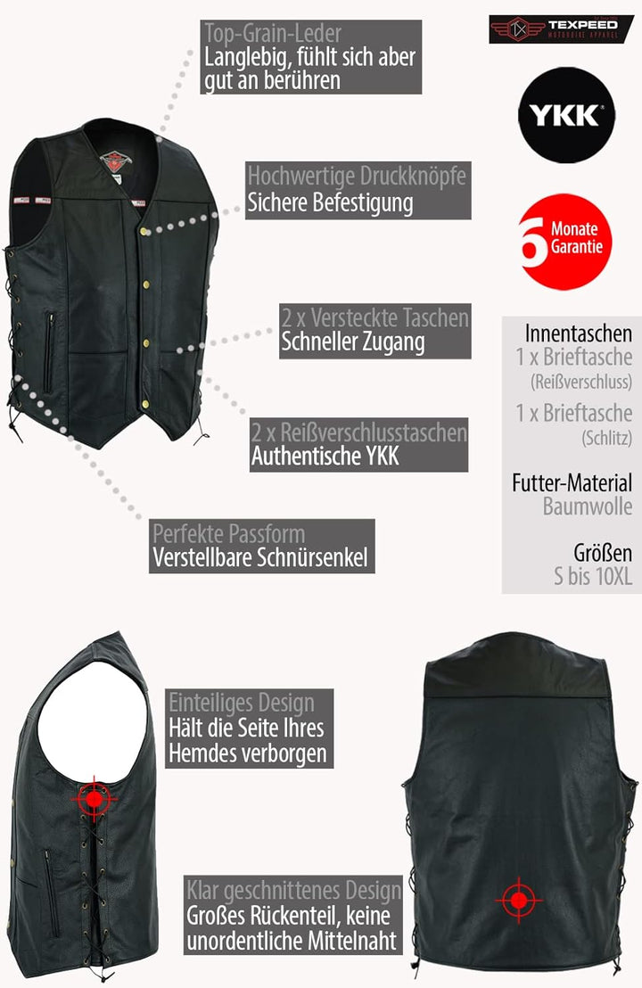 TEXPEED motorrad leder weste herren - Chopper biker rocker lederweste - Reissverschlusstaschen mit g