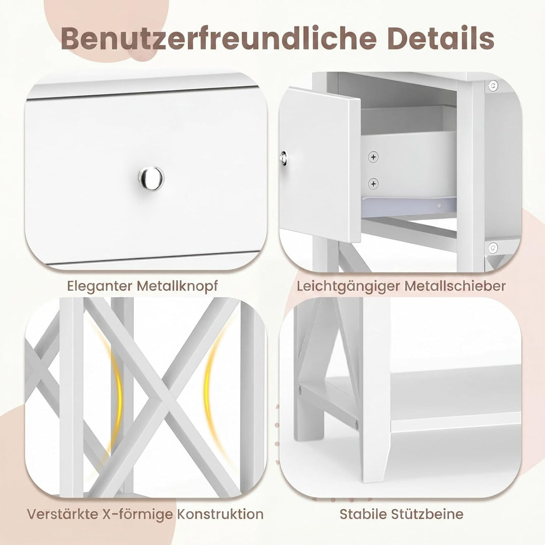 COSTWAY X-förmige Beistelltisch 2er Set, Moderner Nachttisch mit Schublade & unterem Ablagefach, vie