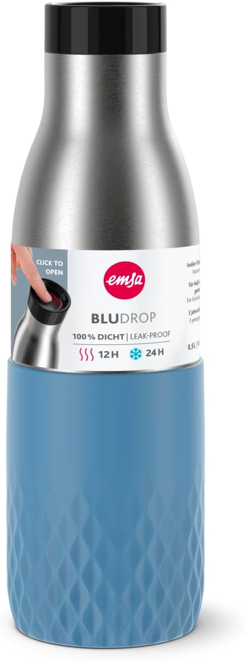 Emsa N31107 Bludrop Sleeve Trinkflasche | 0,5 Liter | 100 % dicht | Quick-Press Verschluss | Ergonom