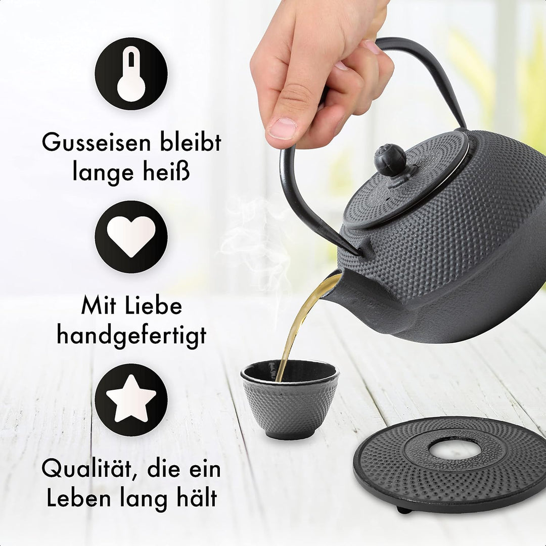 Tealøv TEEKANNE GUSSEISEN SET 1,1 LITER IN GESCHENKBOX | Komplettes Teeservice aus Gusseisen | Gusse