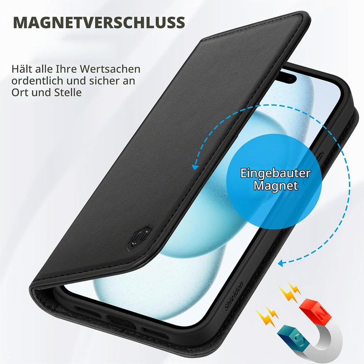 SHIELDON Hülle für iPhone 15 Plus, 5G Handyhülle [Echtleder] [Kartenfach] [Magnet] [Standfunktion] [