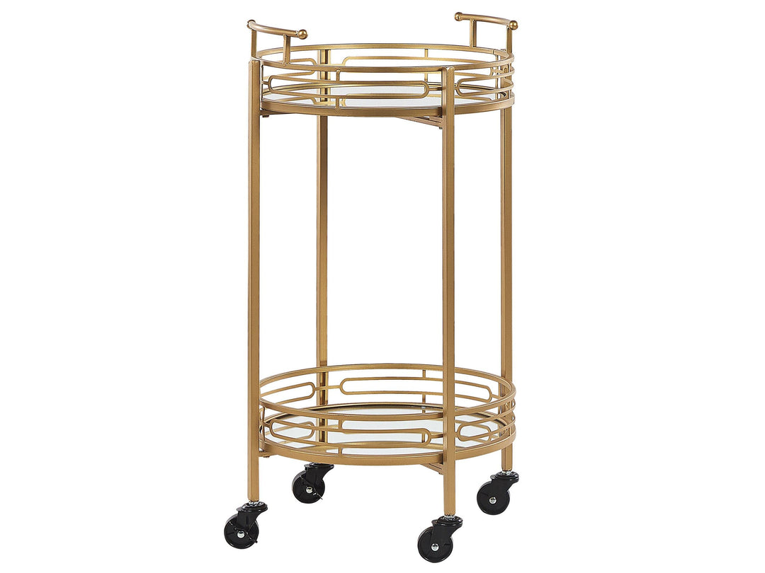 Beliani Servierwagen Eisen Gold Glasplatte Spiegeleffekt rund 4 Rollen 2 Griffe Farley