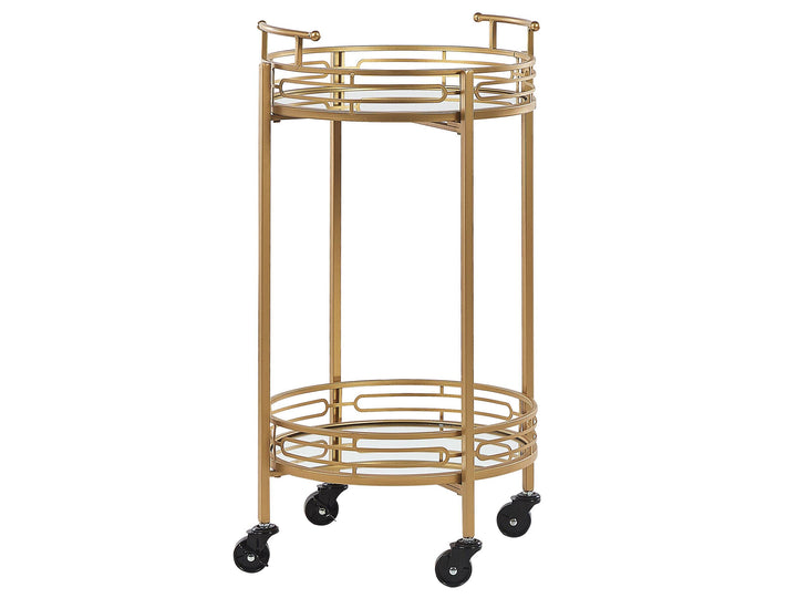 Beliani Servierwagen Eisen Gold Glasplatte Spiegeleffekt rund 4 Rollen 2 Griffe Farley