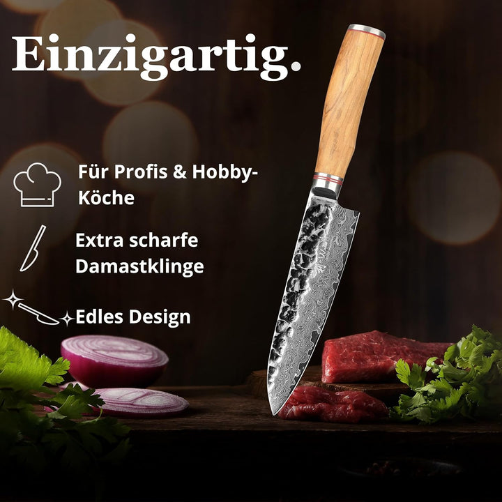 Wakoli Olive Santoku Messer aus echtem Damaststahl (VG10 Kern) 17cm Klinge – Scharfes Damast Küchenm